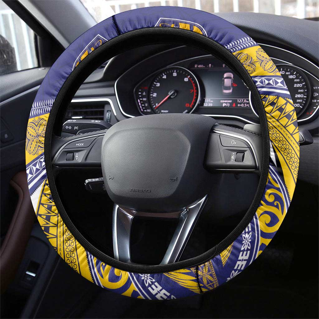 Rugby Niue and Aotearoa Steering Wheel Cover Hiapo with Maori Moko Tribal Heritage Tattoos - Polynesian Pride