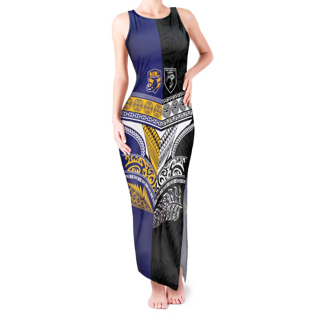 Custom Rugby Niue and Aotearoa Tank Maxi Dress Hiapo with Maori Moko Tribal Heritage Tattoos - Polynesian Pride