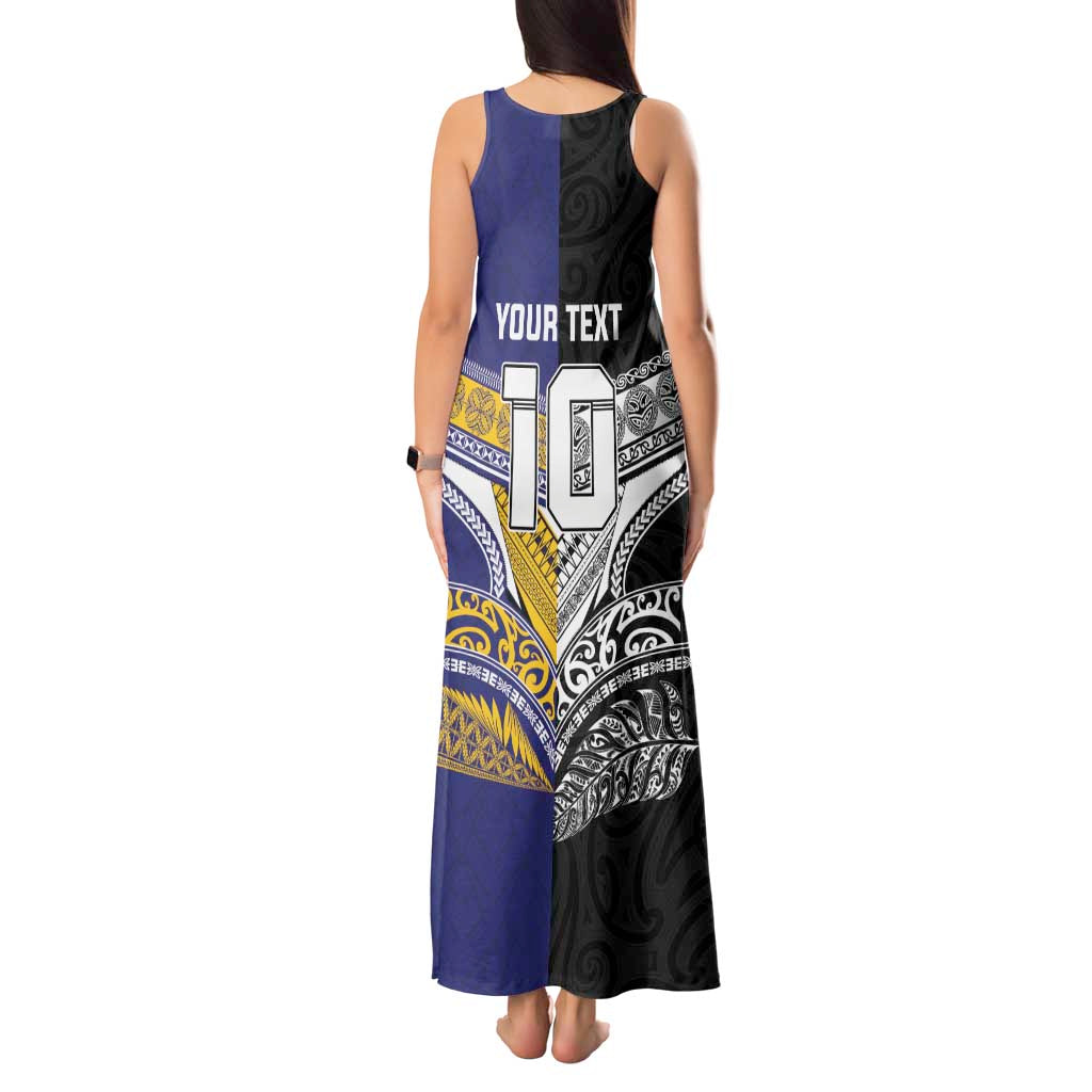 Custom Rugby Niue and Aotearoa Tank Maxi Dress Hiapo with Maori Moko Tribal Heritage Tattoos - Polynesian Pride