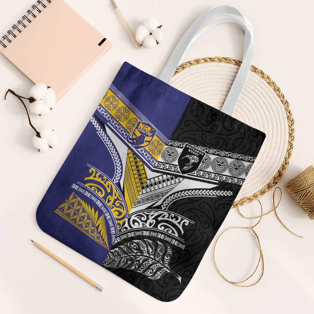 Rugby Niue and Aotearoa Tote Bag Hiapo with Maori Moko Tribal Heritage Tattoos - Polynesian Pride