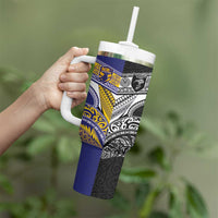 Custom Rugby Niue and Aotearoa Tumbler With Handle Hiapo with Maori Moko Tribal Heritage Tattoos - Polynesian Pride