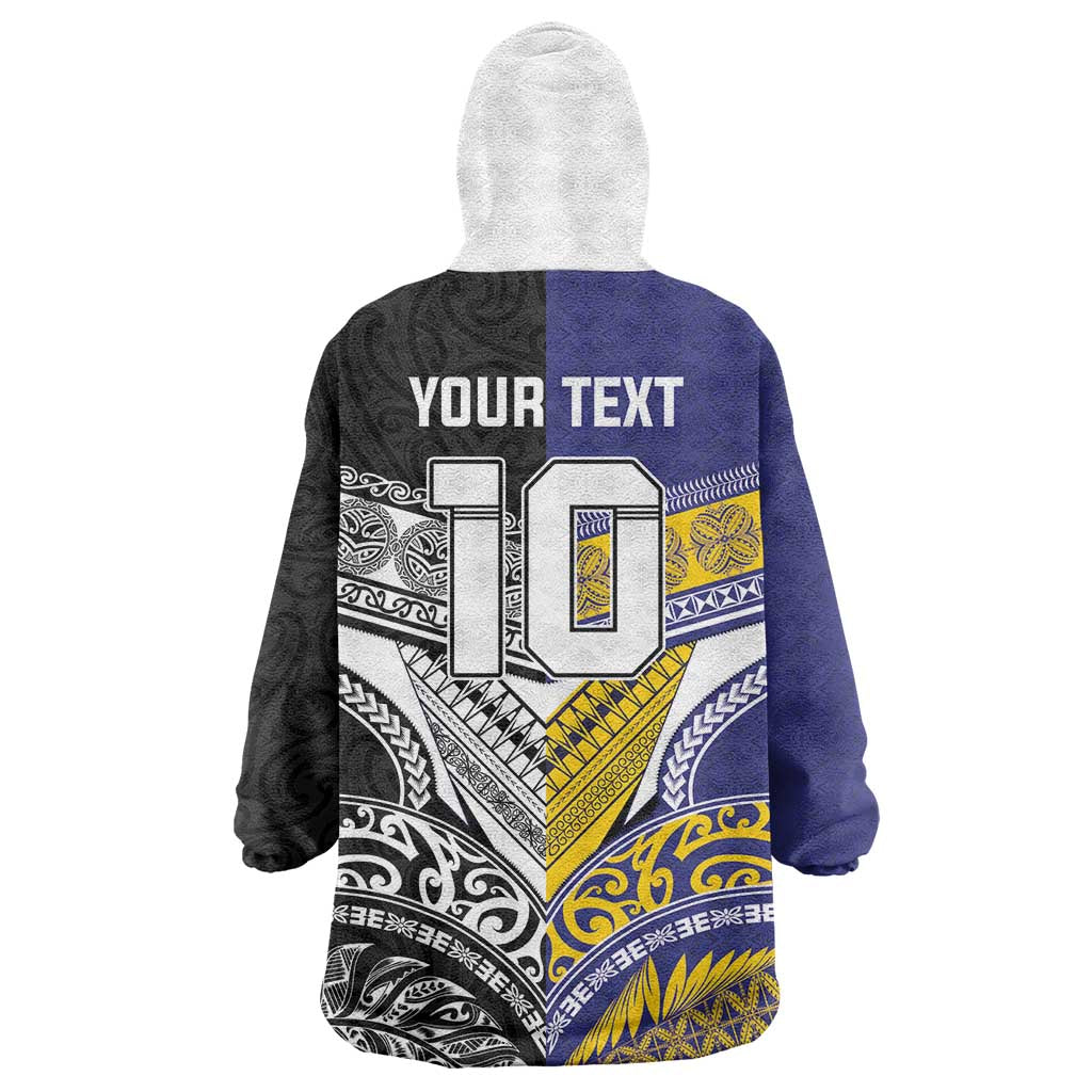 Custom Rugby Niue and Aotearoa Wearable Blanket Hoodie Hiapo with Maori Moko Tribal Heritage Tattoos - Polynesian Pride