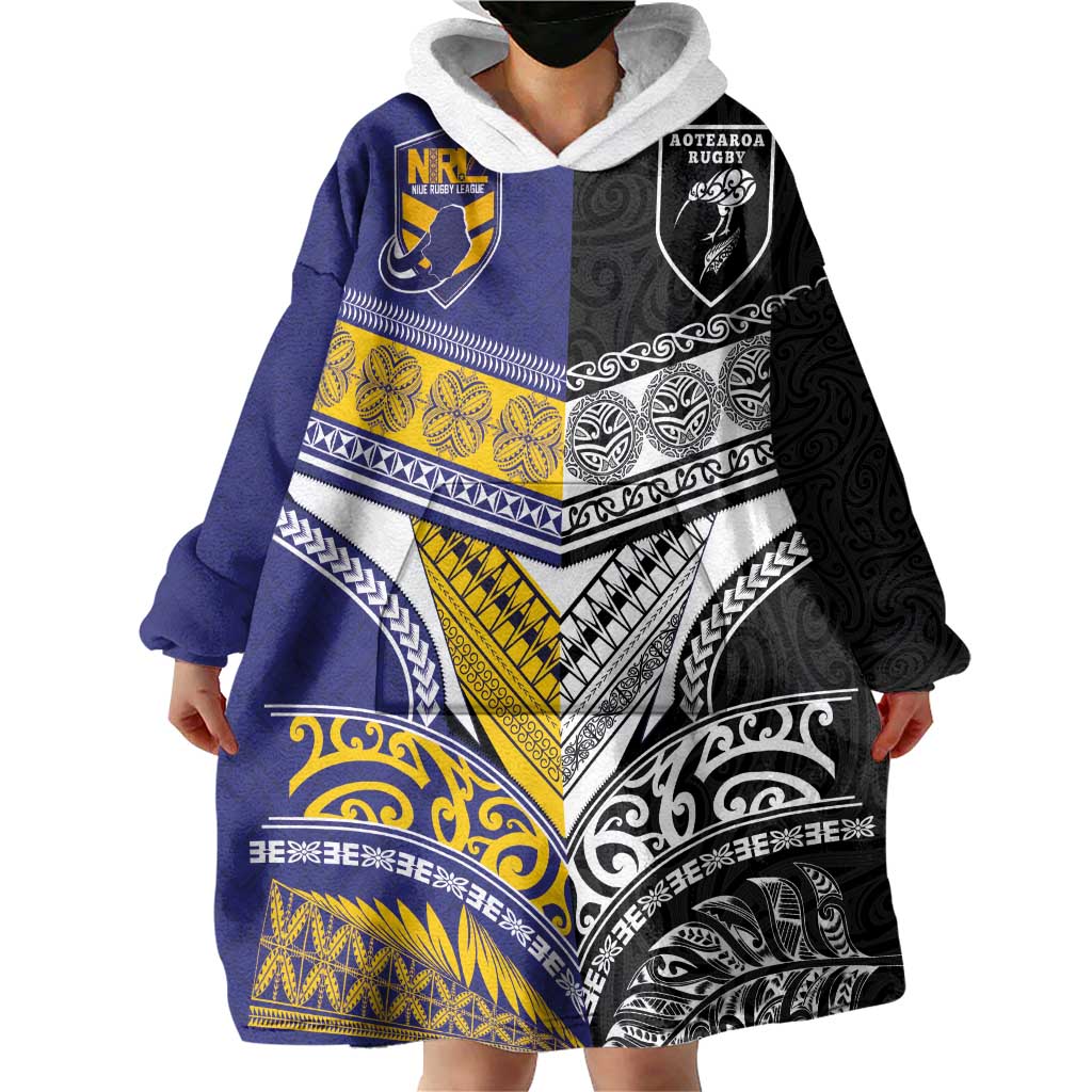 Custom Rugby Niue and Aotearoa Wearable Blanket Hoodie Hiapo with Maori Moko Tribal Heritage Tattoos - Polynesian Pride