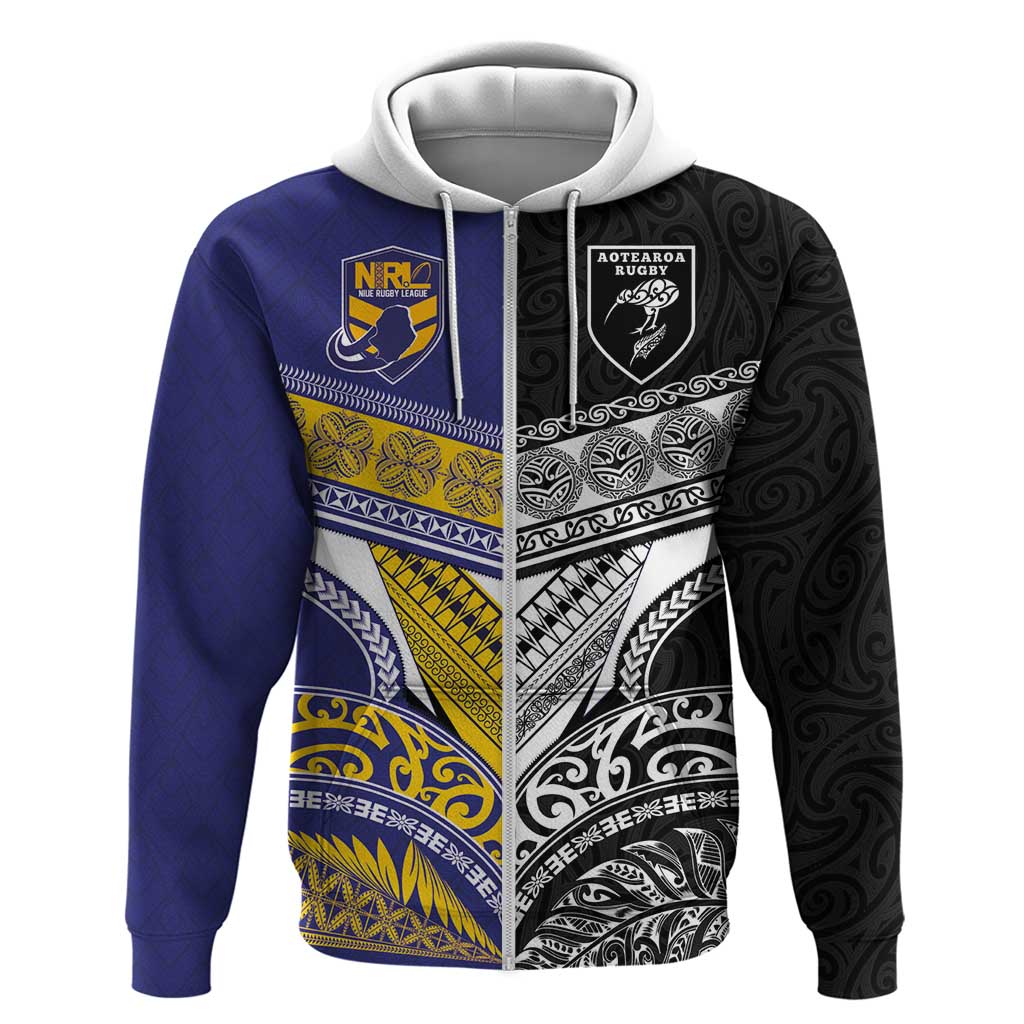 Custom Rugby Niue and Aotearoa Zip Hoodie Hiapo with Maori Moko Tribal Heritage Tattoos - Polynesian Pride