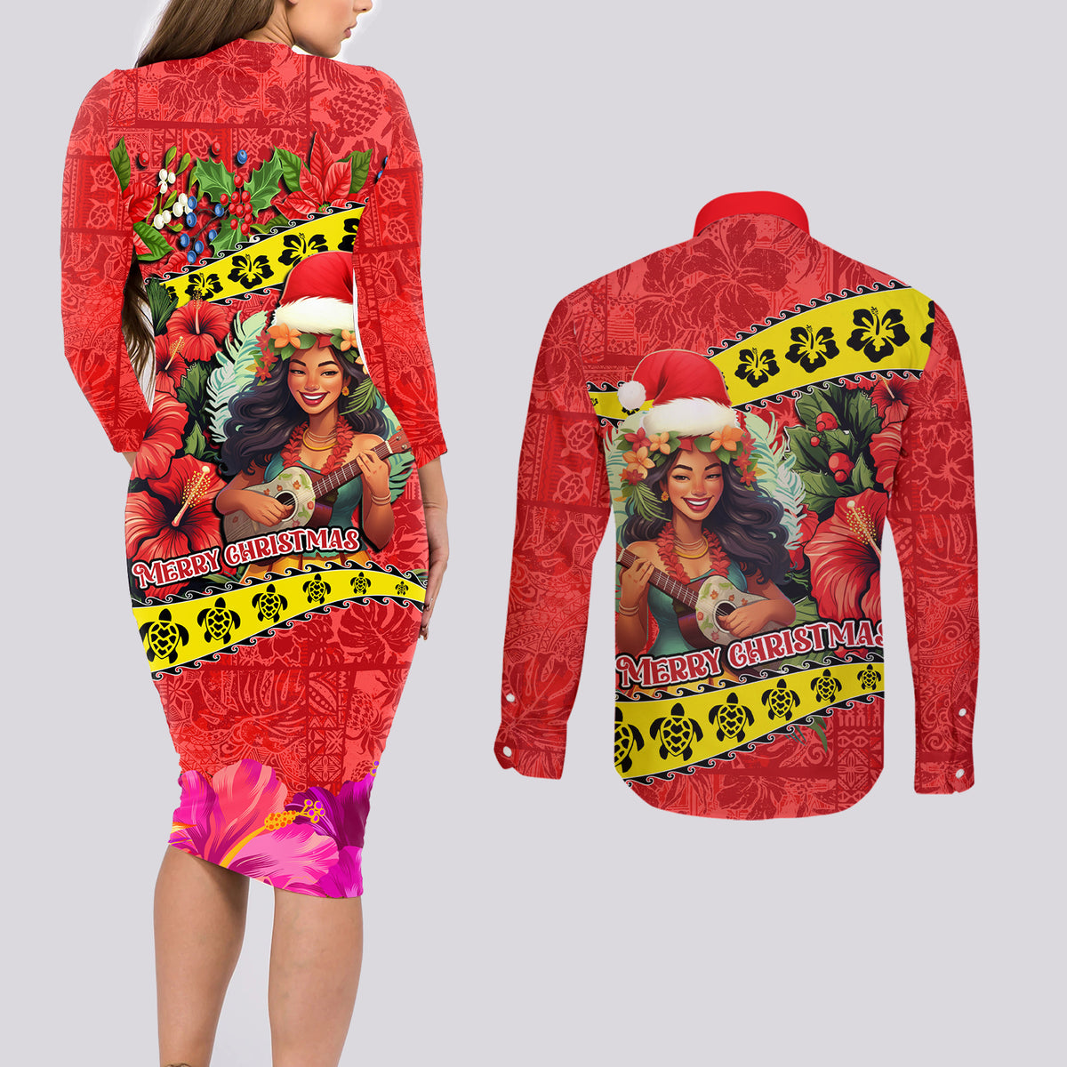 Hawaii Christmas Couples Matching Long Sleeve Bodycon Dress and Long Sleeve Button Shirt Hula Girl Hibiscus With Hawaiian Style Tribal Fabric Patchwork LT03 - Polynesian Pride