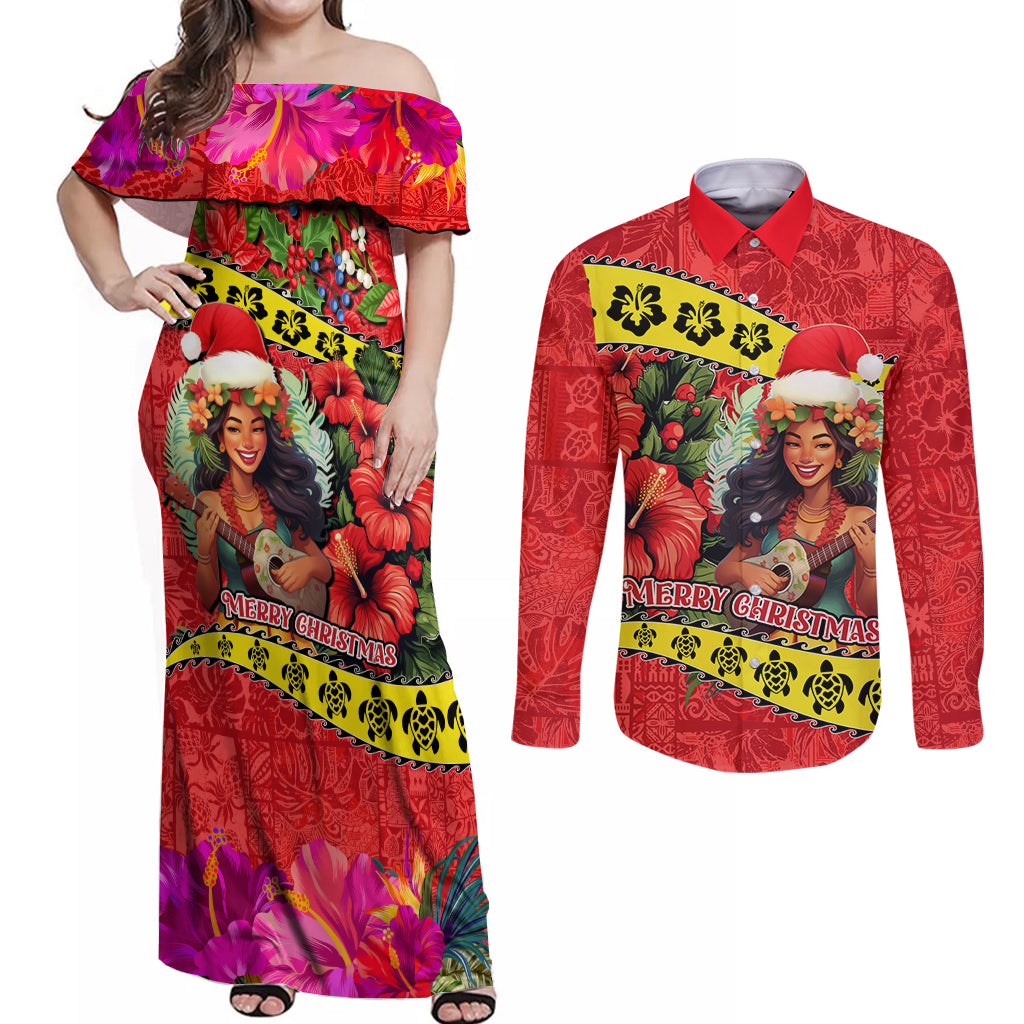 Hawaii Christmas Couples Matching Off Shoulder Maxi Dress and Long Sleeve Button Shirt Hula Girl Hibiscus With Hawaiian Style Tribal Fabric Patchwork LT03 Red - Polynesian Pride
