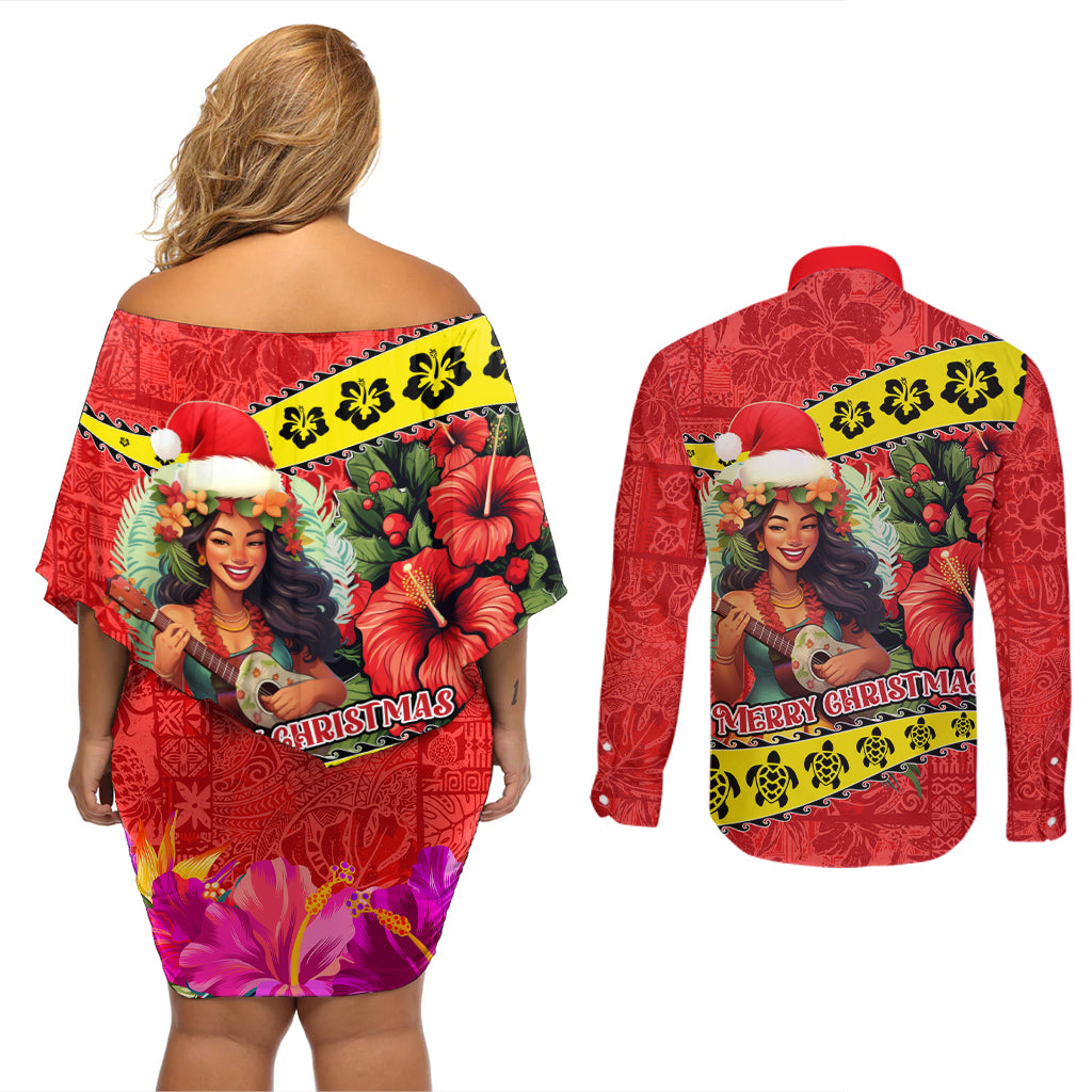Hawaii Christmas Couples Matching Off Shoulder Short Dress and Long Sleeve Button Shirt Hula Girl Hibiscus With Hawaiian Style Tribal Fabric Patchwork LT03 - Polynesian Pride