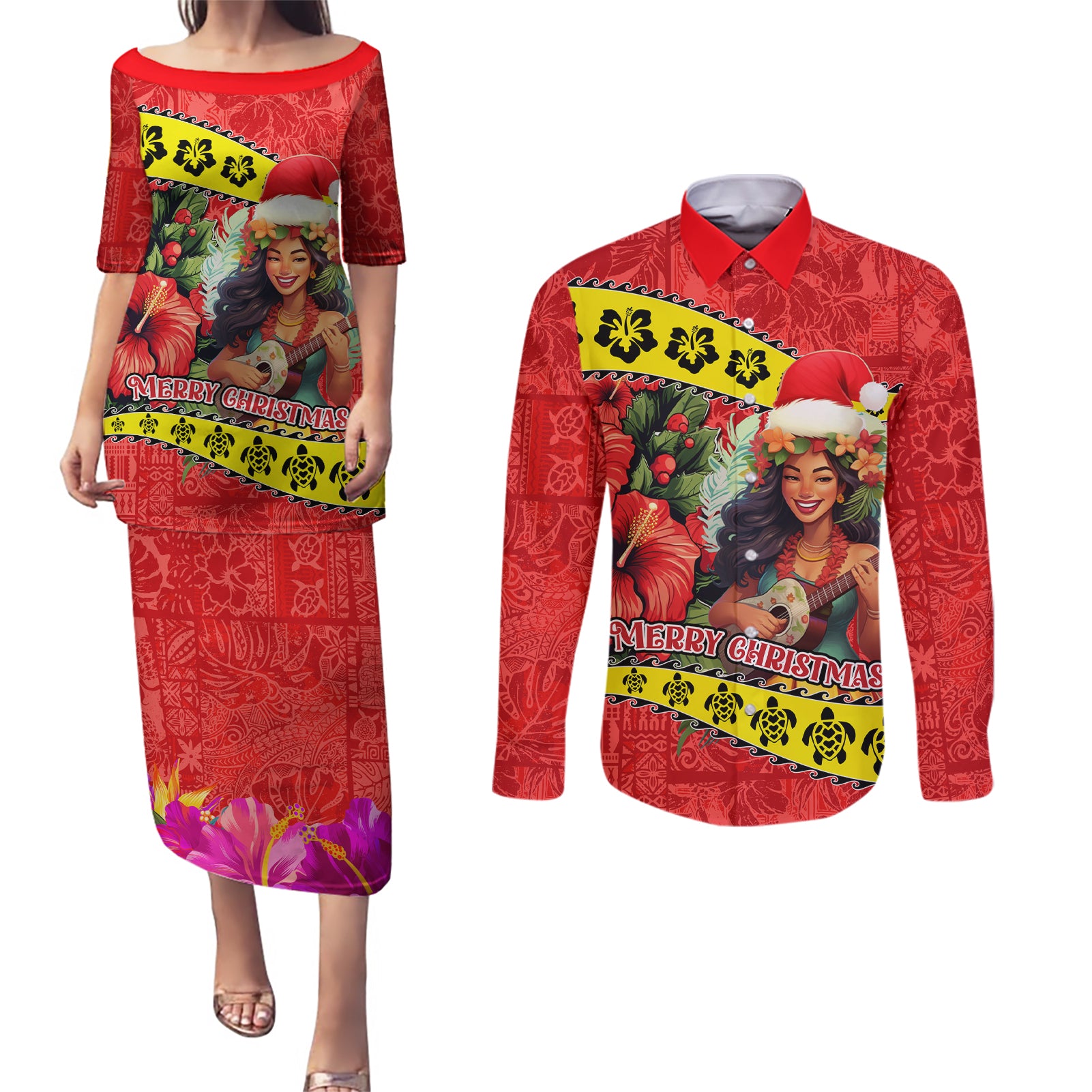 Hawaii Christmas Couples Matching Puletasi Dress and Long Sleeve Button Shirt Hula Girl Hibiscus With Hawaiian Style Tribal Fabric Patchwork LT03 Red - Polynesian Pride