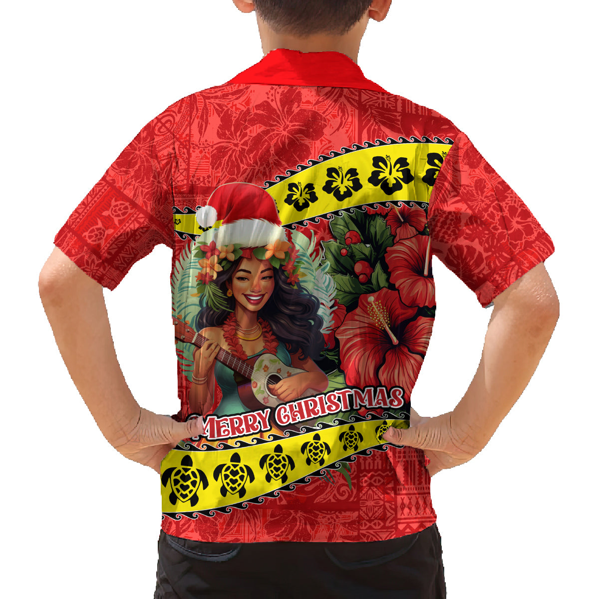 Hawaii Christmas Family Matching Long Sleeve Bodycon Dress and Hawaiian Shirt Hula Girl Hibiscus With Hawaiian Style Tribal Fabric Patchwork LT03 - Polynesian Pride