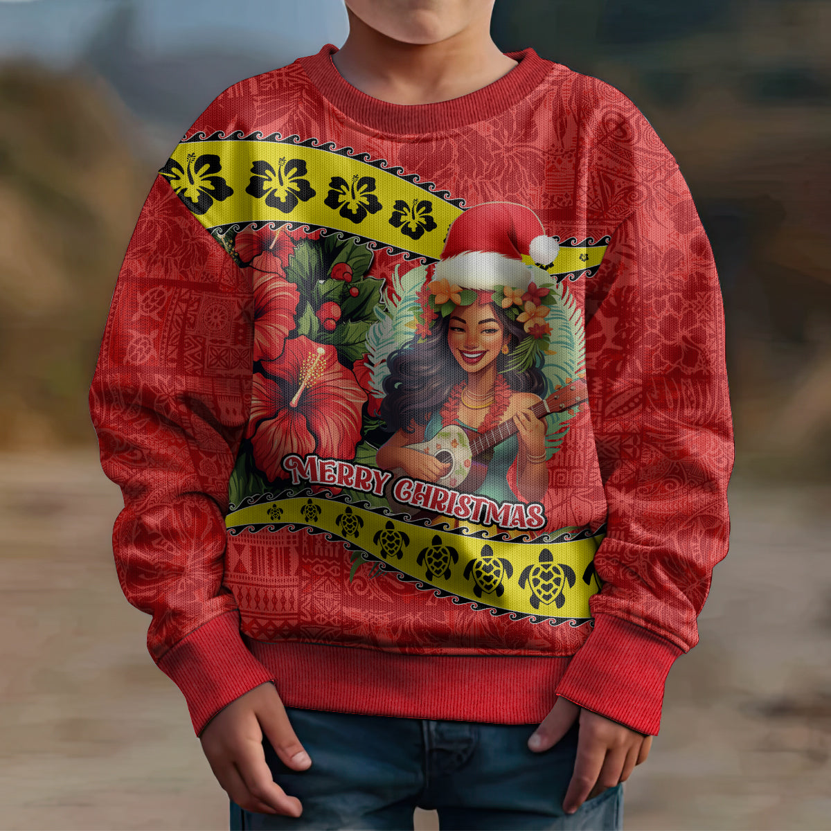 Hawaii Christmas Kid Ugly Christmas Sweater Hula Girl Hibiscus With Hawaiian Style Tribal Fabric Patchwork LT03 - Polynesian Pride