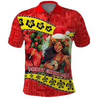 Hawaii Christmas Polo Shirt Hula Girl Hibiscus With Hawaiian Style Tribal Fabric Patchwork LT03 Red - Polynesian Pride