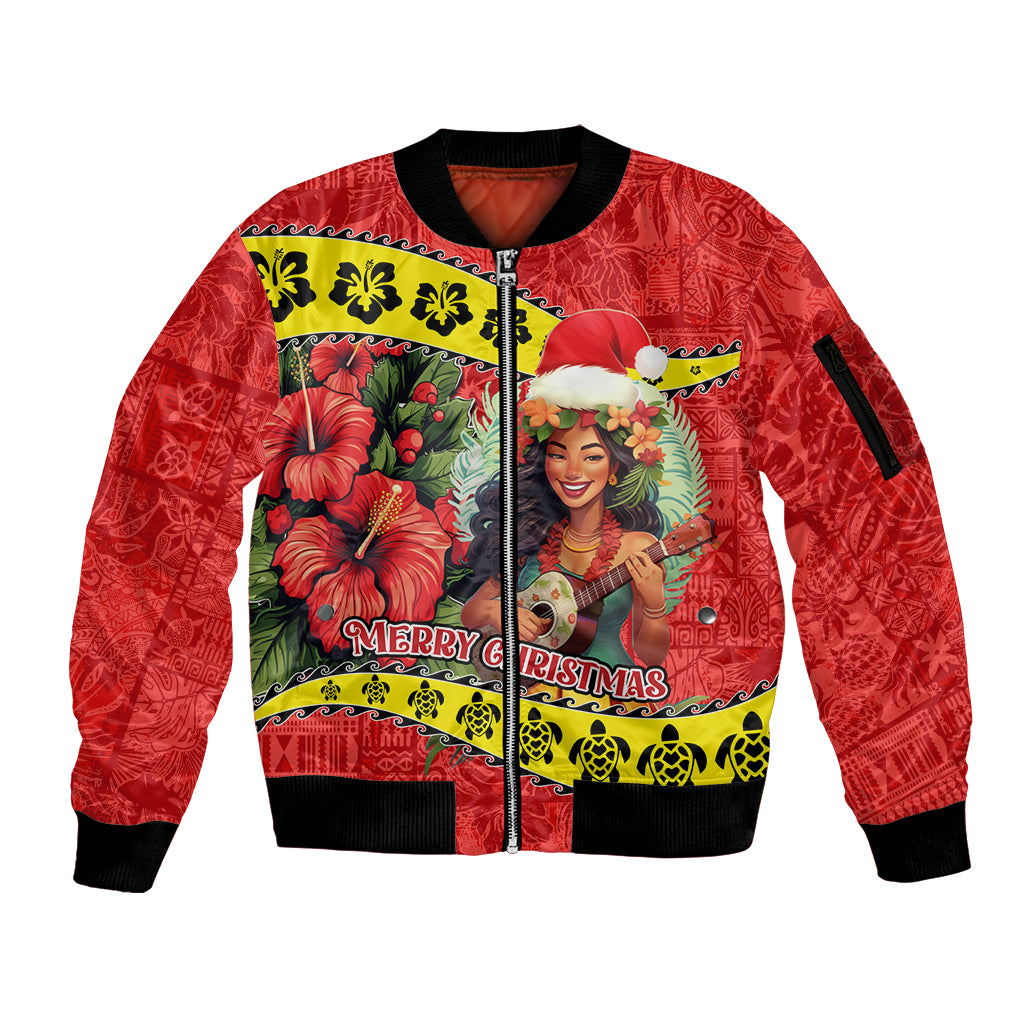Hawaii Christmas Sleeve Zip Bomber Jacket Hula Girl Hibiscus With Hawaiian Style Tribal Fabric Patchwork LT03 Unisex Red - Polynesian Pride