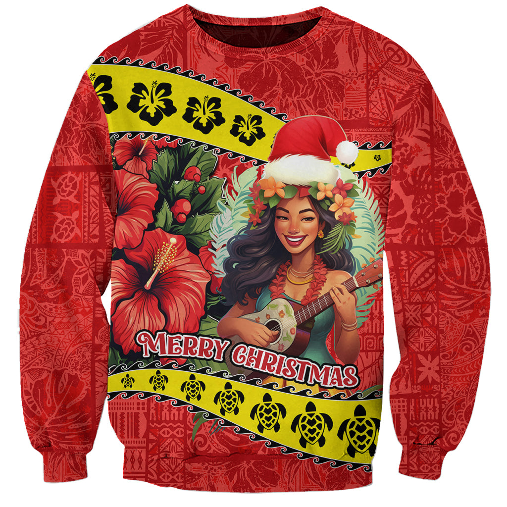 Hawaii Christmas Sweatshirt Hula Girl Hibiscus With Hawaiian Style Tribal Fabric Patchwork LT03 Unisex Red - Polynesian Pride