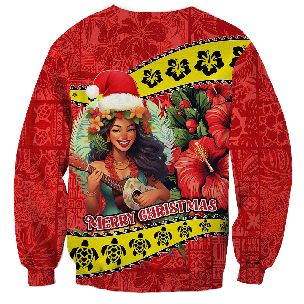 Hawaii Christmas Sweatshirt Hula Girl Hibiscus With Hawaiian Style Tribal Fabric Patchwork LT03 - Polynesian Pride