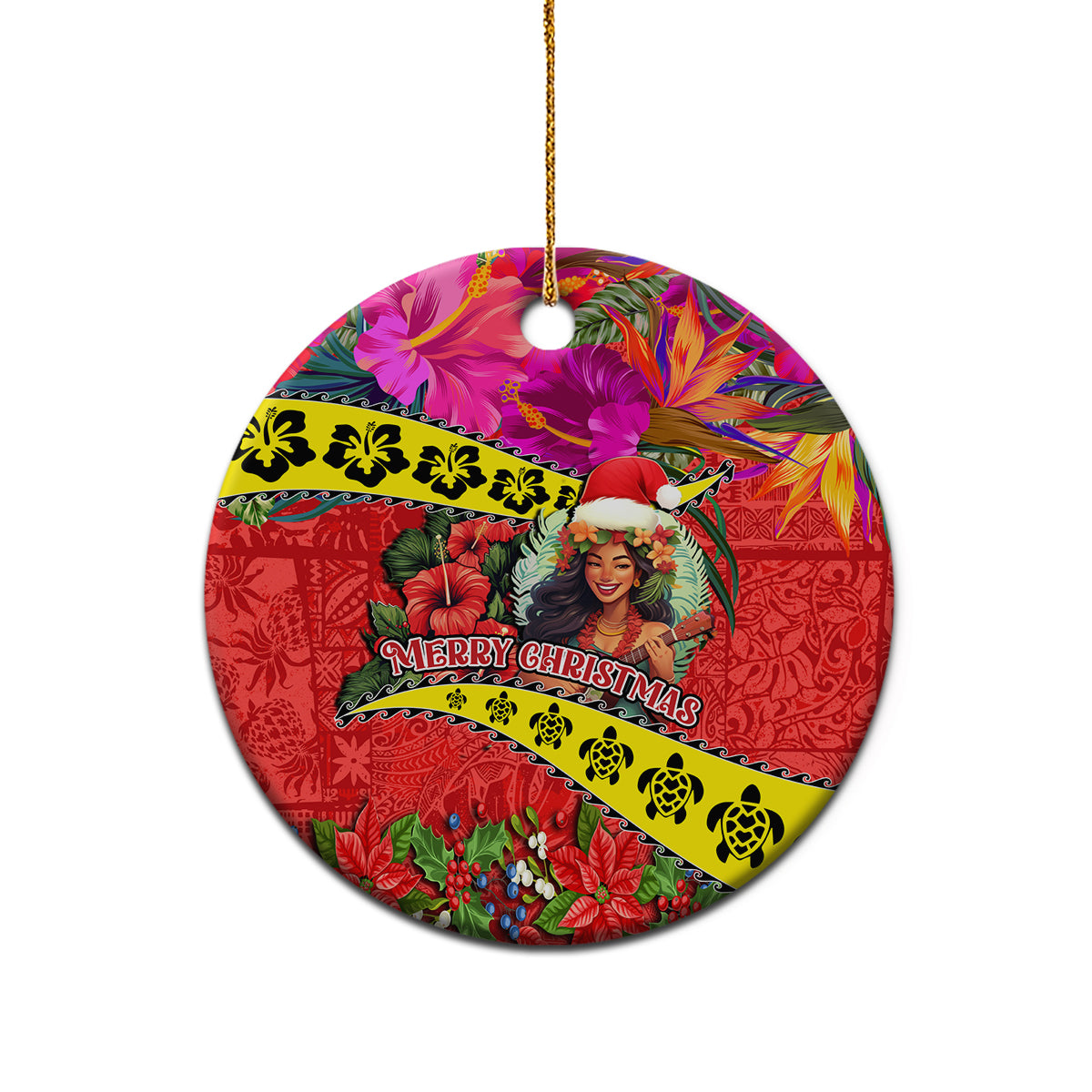 Personalised Hawaii Christmas Ceramic Ornament Hula Girl Hibiscus With Hawaiian Style Tribal Fabric Patchwork LT03 - Polynesian Pride