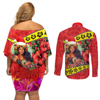 Personalised Hawaii Christmas Couples Matching Off Shoulder Short Dress and Long Sleeve Button Shirt Hula Girl Hibiscus With Hawaiian Style Tribal Fabric Patchwork LT03 - Polynesian Pride