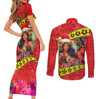Personalised Hawaii Christmas Couples Matching Short Sleeve Bodycon Dress and Long Sleeve Button Shirt Hula Girl Hibiscus With Hawaiian Style Tribal Fabric Patchwork LT03 - Polynesian Pride