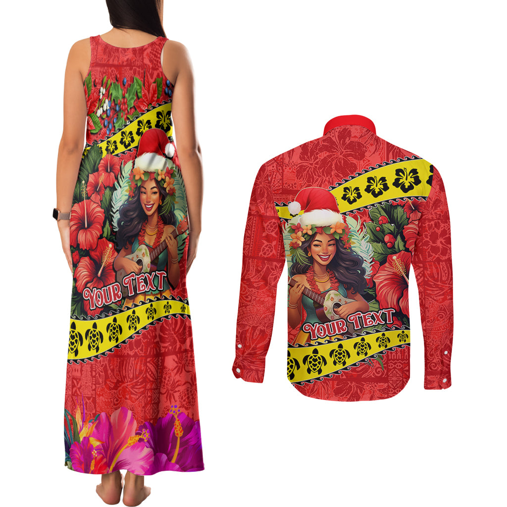Personalised Hawaii Christmas Couples Matching Tank Maxi Dress and Long Sleeve Button Shirt Hula Girl Hibiscus With Hawaiian Style Tribal Fabric Patchwork LT03 - Polynesian Pride