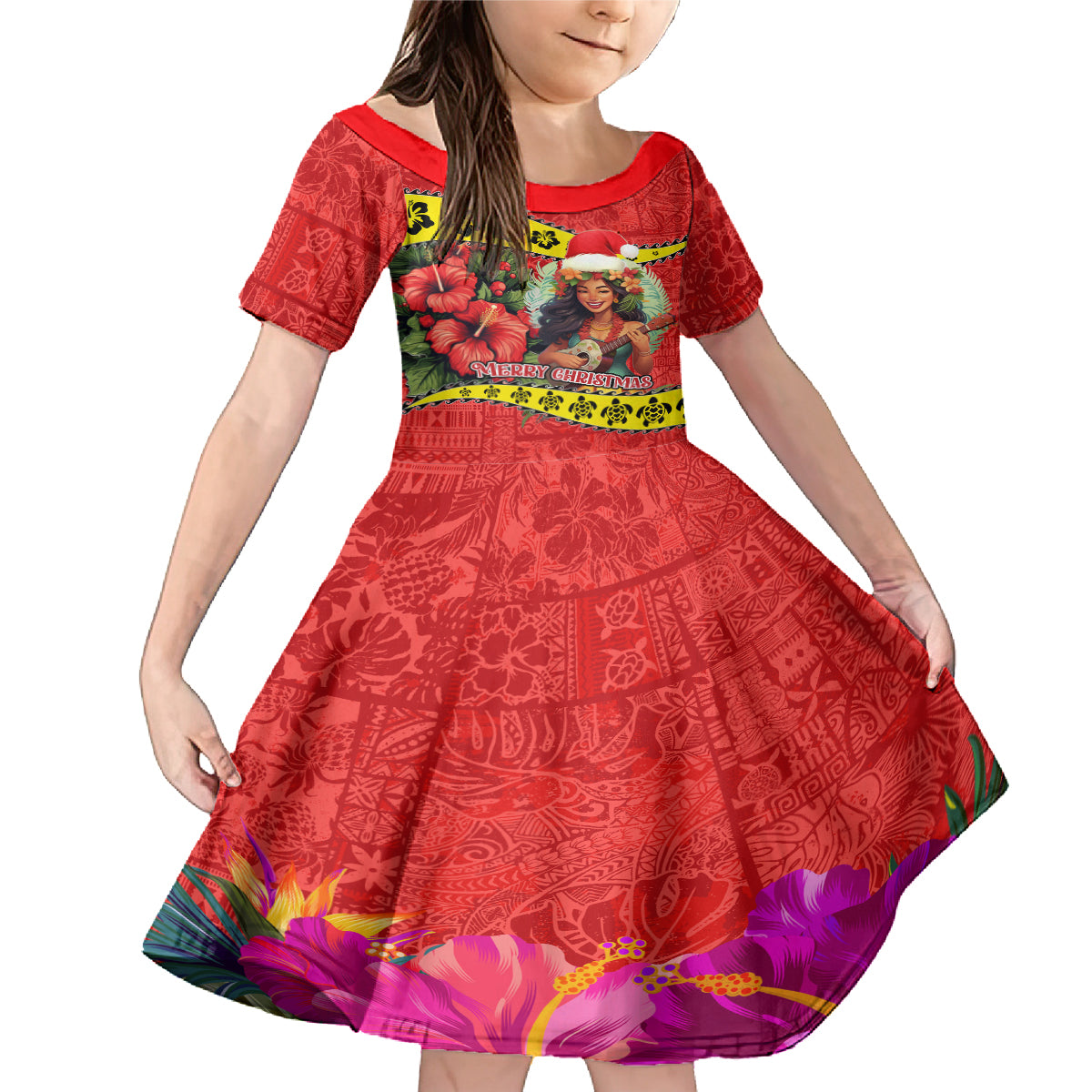 Personalised Hawaii Christmas Family Matching Mermaid Dress and Hawaiian Shirt Hula Girl Hibiscus With Hawaiian Style Tribal Fabric Patchwork LT03 Daughter's Dress Red - Polynesian Pride