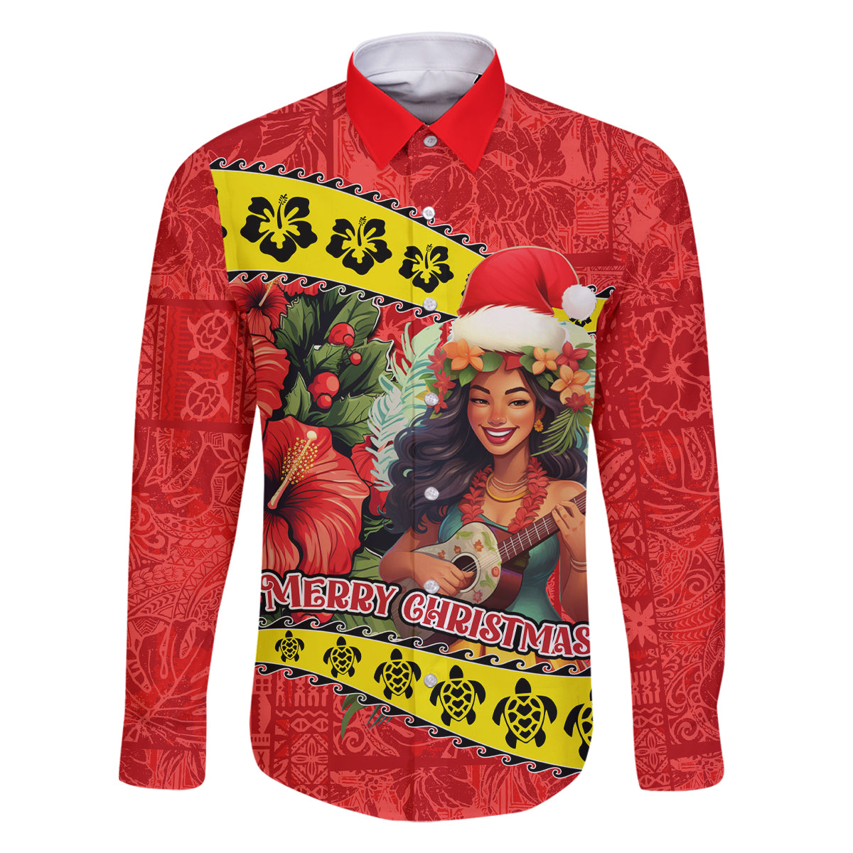 Personalised Hawaii Christmas Family Matching Mermaid Dress and Hawaiian Shirt Hula Girl Hibiscus With Hawaiian Style Tribal Fabric Patchwork LT03 Dad's Shirt - Long Sleeve Red - Polynesian Pride