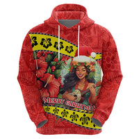 Personalised Hawaii Christmas Hoodie Hula Girl Hibiscus With Hawaiian Style Tribal Fabric Patchwork LT03 - Polynesian Pride