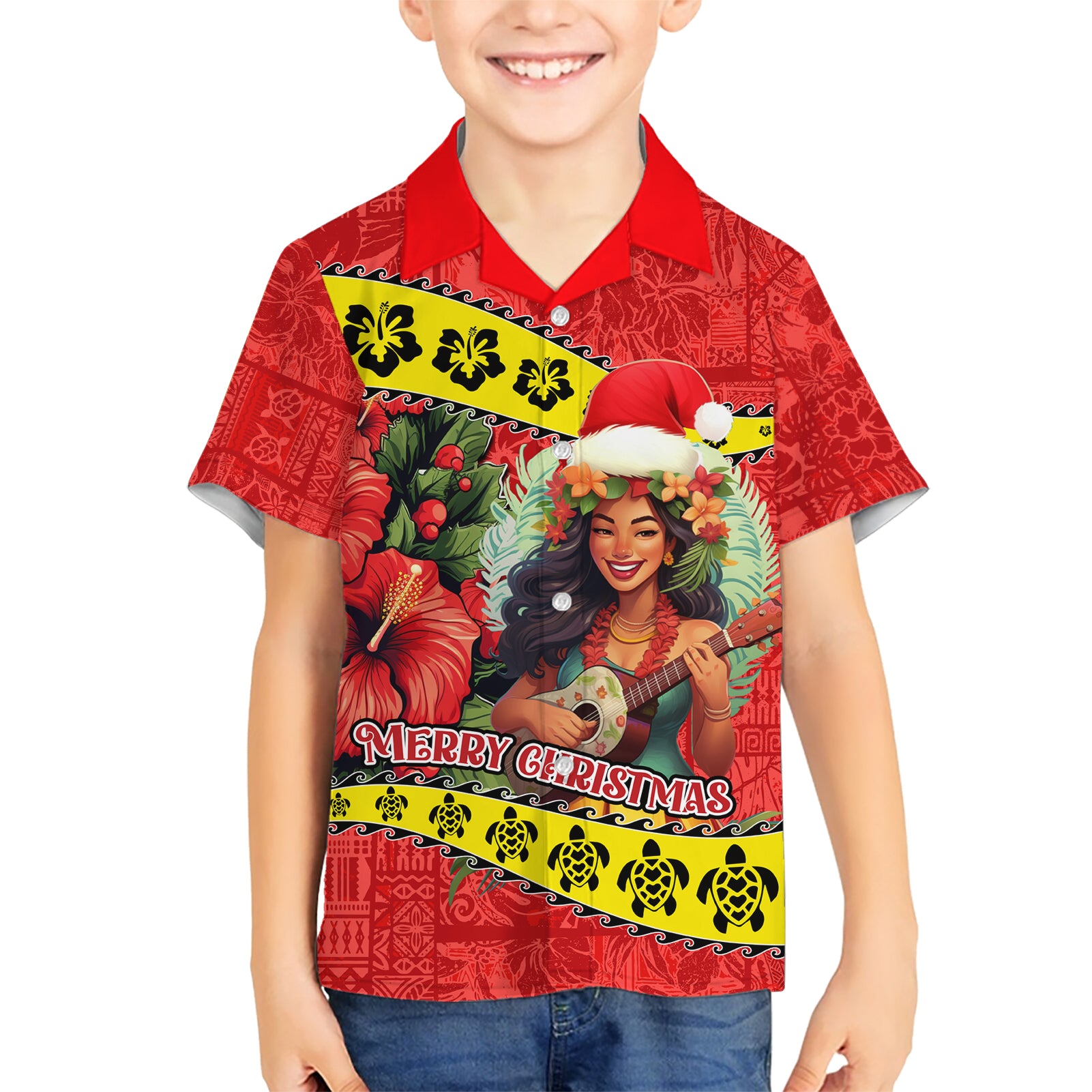 Personalised Hawaii Christmas Kid Hawaiian Shirt Hula Girl Hibiscus With Hawaiian Style Tribal Fabric Patchwork LT03 Kid Red - Polynesian Pride