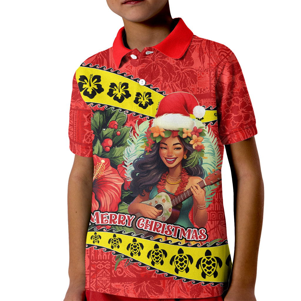 Personalised Hawaii Christmas Kid Polo Shirt Hula Girl Hibiscus With Hawaiian Style Tribal Fabric Patchwork LT03 Kid Red - Polynesian Pride