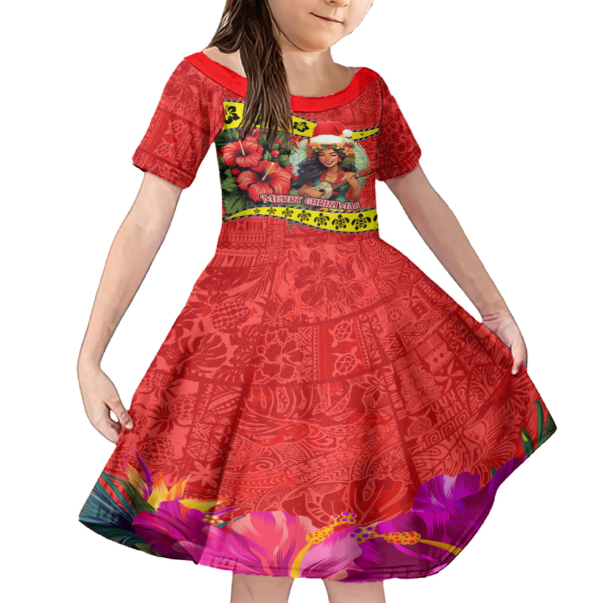 Personalised Hawaii Christmas Kid Short Sleeve Dress Hula Girl Hibiscus With Hawaiian Style Tribal Fabric Patchwork LT03 KID Red - Polynesian Pride