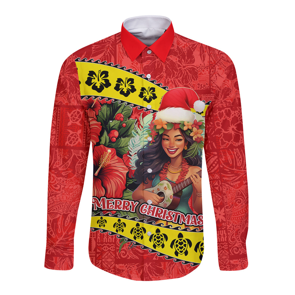 Personalised Hawaii Christmas Long Sleeve Button Shirt Hula Girl Hibiscus With Hawaiian Style Tribal Fabric Patchwork LT03 Unisex Red - Polynesian Pride