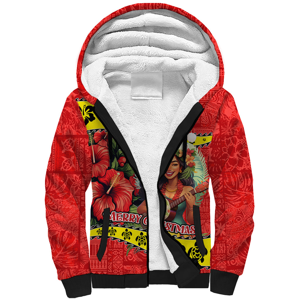 Personalised Hawaii Christmas Sherpa Hoodie Hula Girl Hibiscus With Hawaiian Style Tribal Fabric Patchwork LT03 Unisex Red - Polynesian Pride