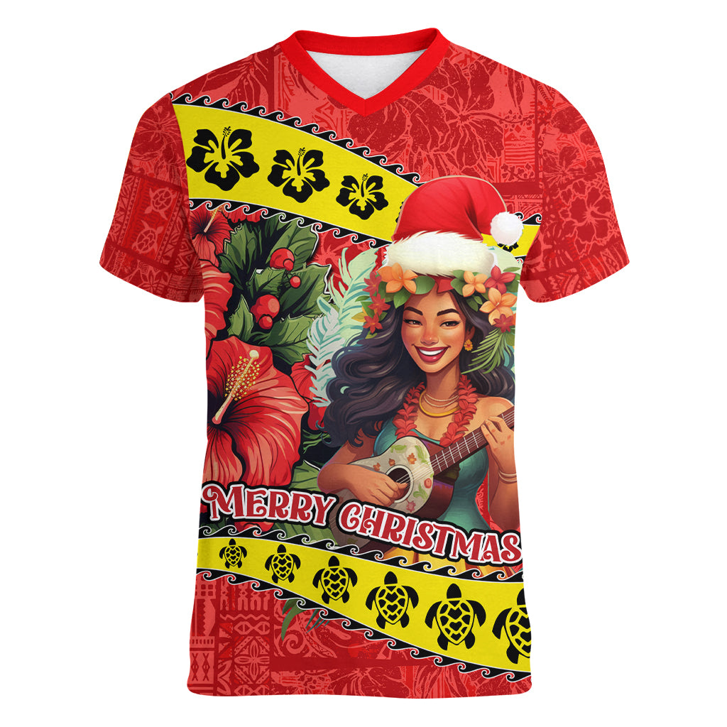 Personalised Hawaii Christmas Women V Neck T Shirt Hula Girl Hibiscus With Hawaiian Style Tribal Fabric Patchwork LT03 Female Red - Polynesian Pride