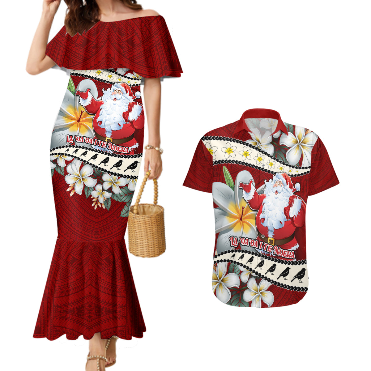 Tahiti Christmas Couples Matching Mermaid Dress and Hawaiian Shirt Tiare Flowers and Pomarea Nigra with Polynesian Pattern LT03 Red - Polynesian Pride