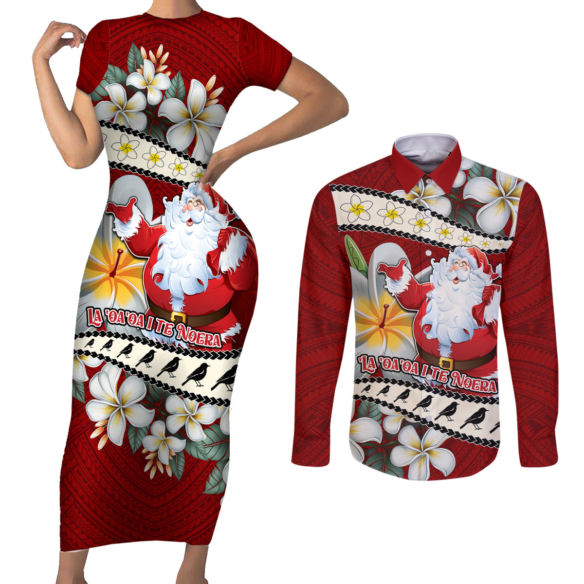 Tahiti Christmas Couples Matching Short Sleeve Bodycon Dress and Long Sleeve Button Shirt Tiare Flowers and Pomarea Nigra with Polynesian Pattern LT03 Red - Polynesian Pride