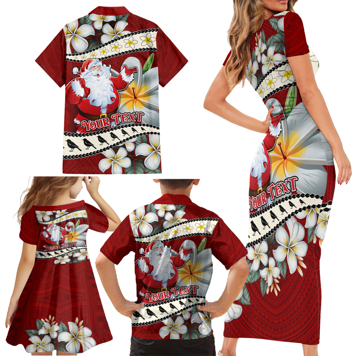Personalised Tahiti Christmas Family Matching Short Sleeve Bodycon Dress and Hawaiian Shirt Tiare Flowers and Pomarea Nigra with Polynesian Pattern LT03 - Polynesian Pride
