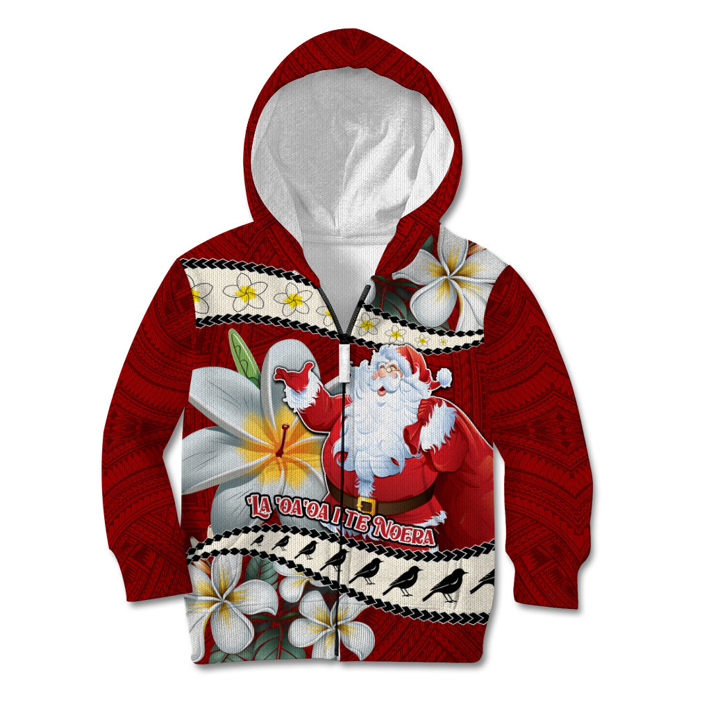 Personalised Tahiti Christmas Kid Hoodie Tiare Flowers and Pomarea Nigra with Polynesian Pattern LT03 Zip Hoodie Red - Polynesian Pride