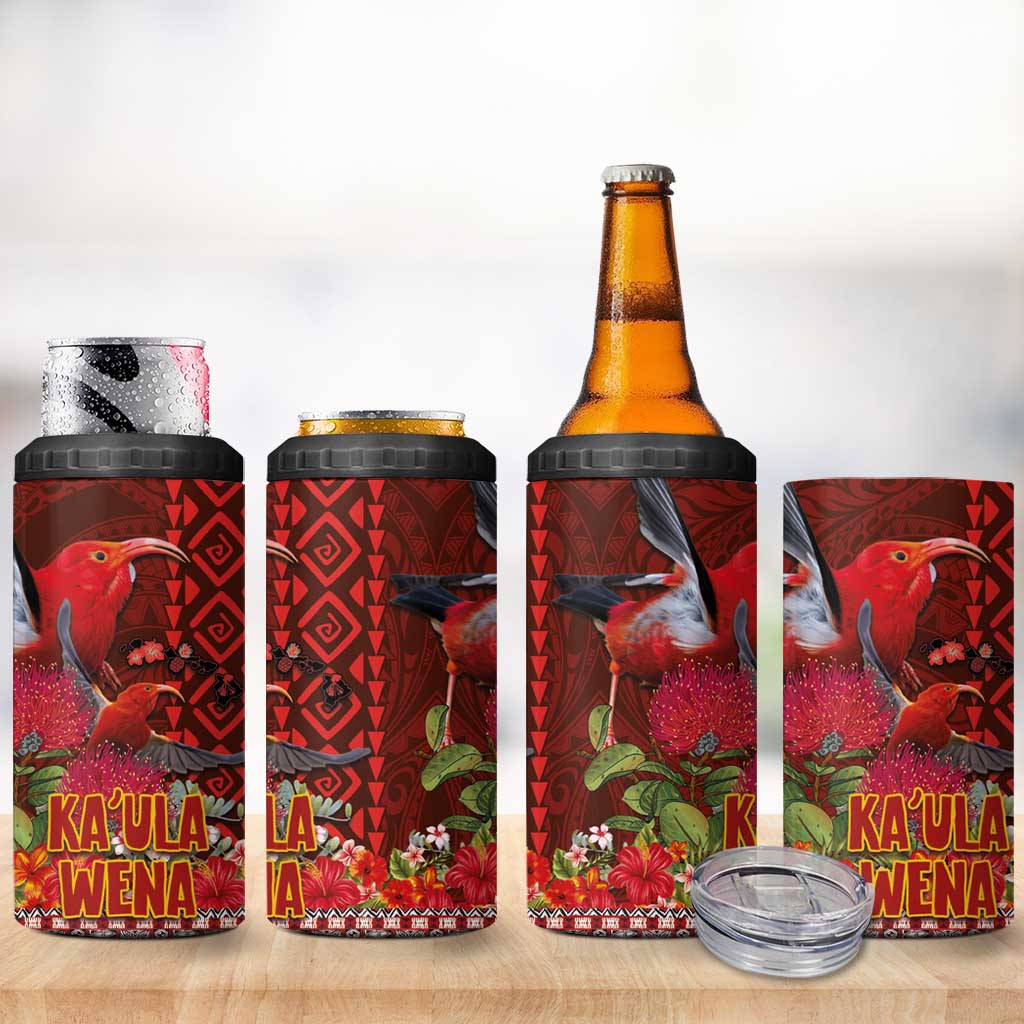 Hawaii KaʻUla Wena ʻIʻiwi 4 in 1 Can Cooler Tumbler With Tropical Plants and 'Ohi'a lehua Kakau Art Tattoo