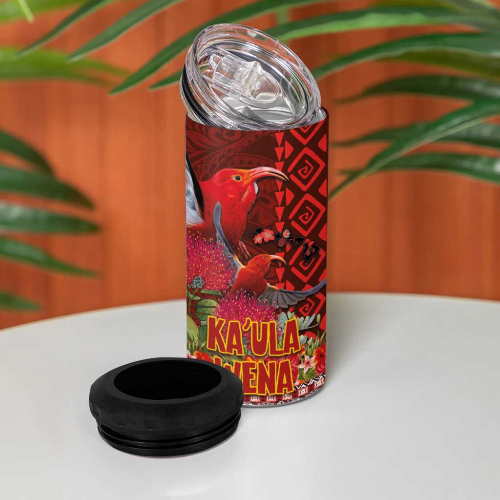 Hawaii KaʻUla Wena ʻIʻiwi 4 in 1 Can Cooler Tumbler With Tropical Plants and 'Ohi'a lehua Kakau Art Tattoo