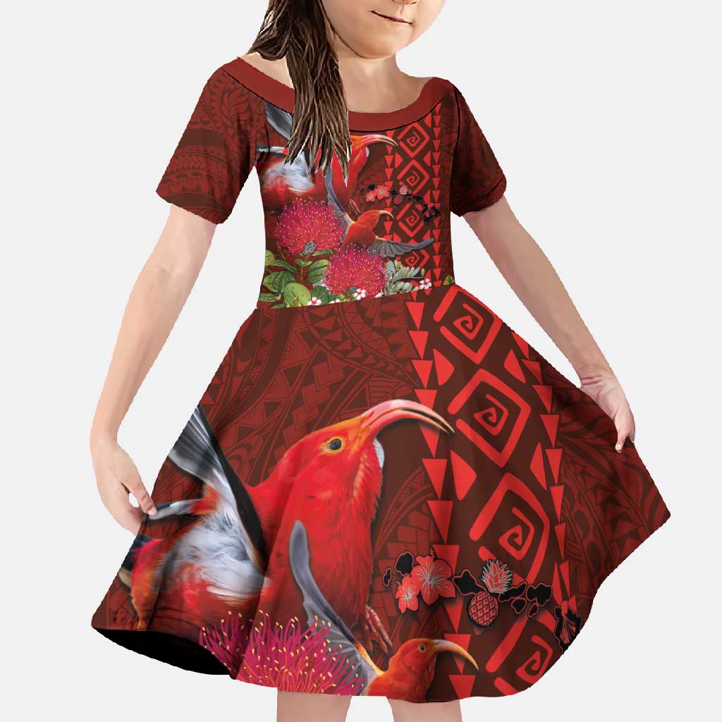 Hawaii KaʻUla Wena ʻIʻiwi Family Matching Short Sleeve Bodycon Dress and Hawaiian Shirt With Tropical Plants and 'Ohi'a lehua Kakau Art Tattoo