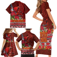 Hawaii KaʻUla Wena ʻIʻiwi Family Matching Short Sleeve Bodycon Dress and Hawaiian Shirt With Tropical Plants and 'Ohi'a lehua Kakau Art Tattoo