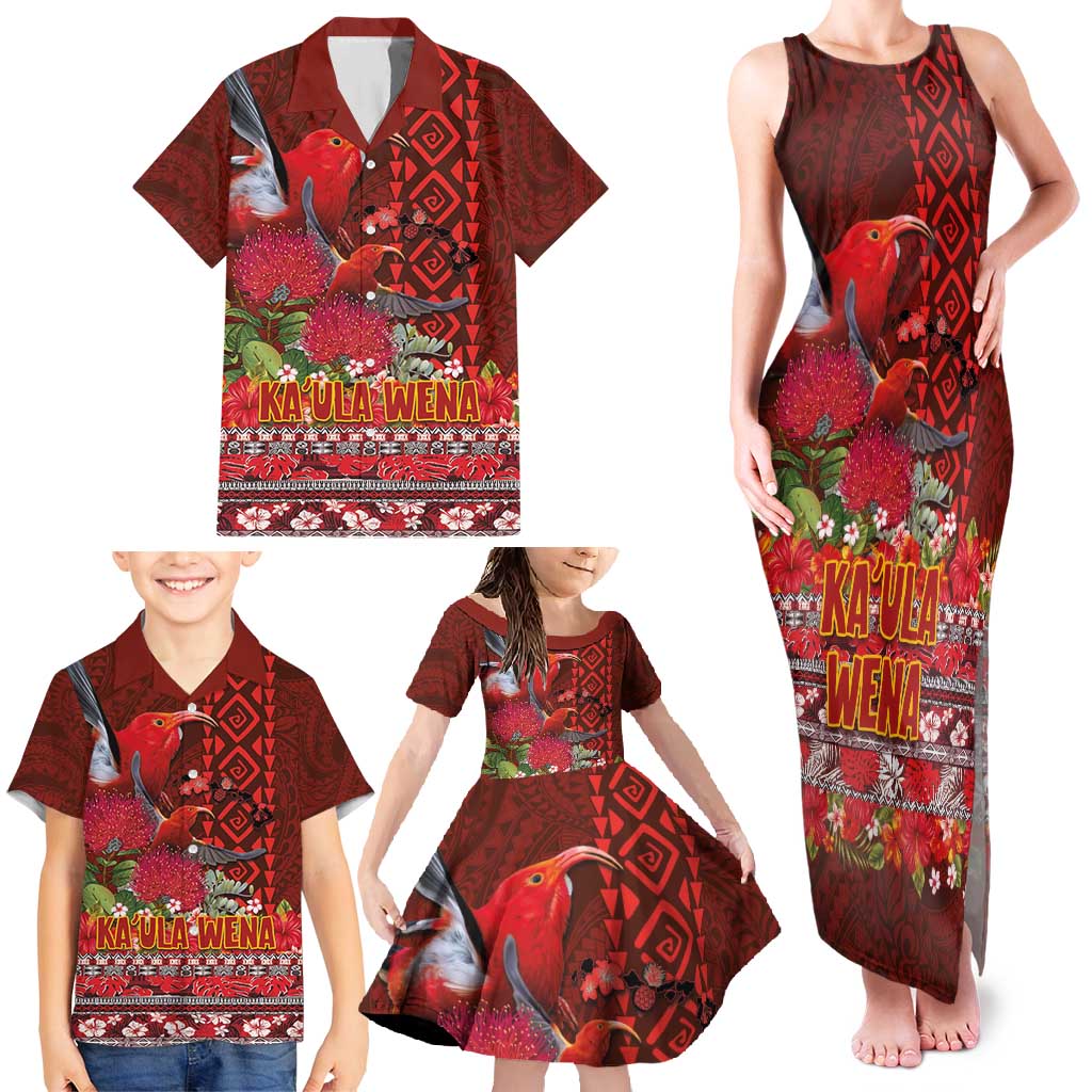Hawaii KaʻUla Wena ʻIʻiwi Family Matching Tank Maxi Dress and Hawaiian Shirt With Tropical Plants and 'Ohi'a lehua Kakau Art Tattoo