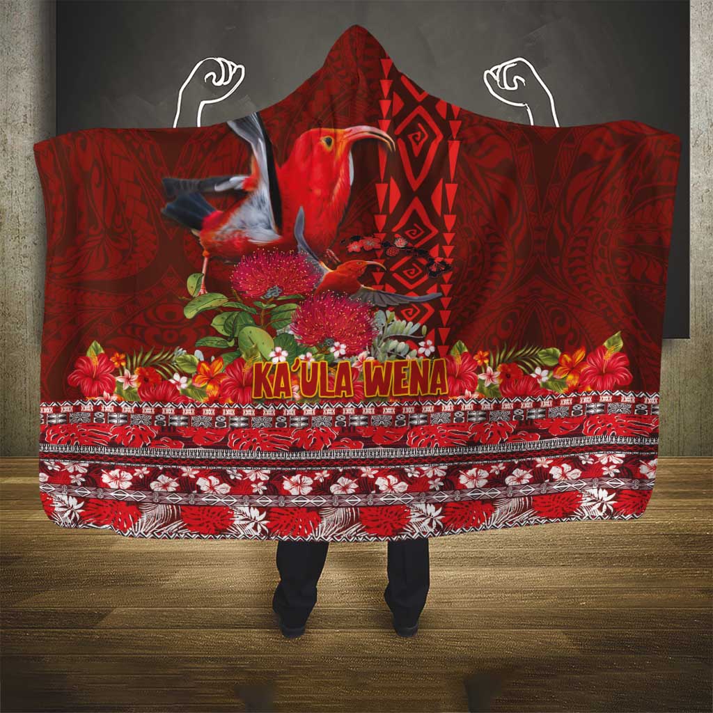 Hawaii KaʻUla Wena ʻIʻiwi Hooded Blanket With Tropical Plants and 'Ohi'a lehua Kakau Art Tattoo