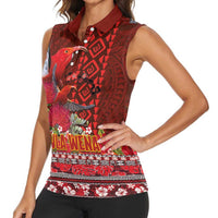 Hawaii KaʻUla Wena ʻIʻiwi Women Sleeveless Polo Shirt With Tropical Plants and 'Ohi'a lehua Kakau Art Tattoo