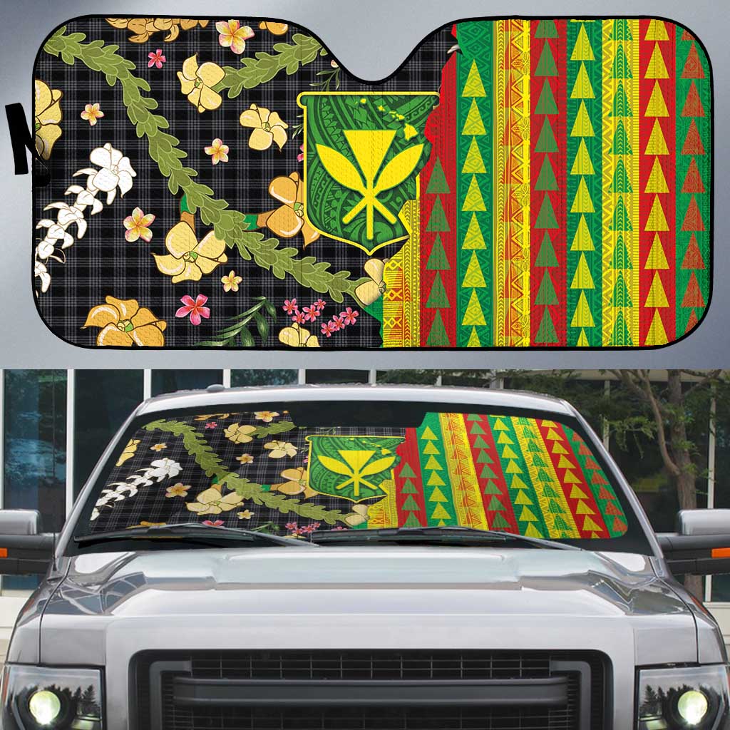 Hawaiian Tropical Plants Lei Auto Sun Shade Kanaka Maoli Tribal with Palaka Motifs - Polynesian Pride