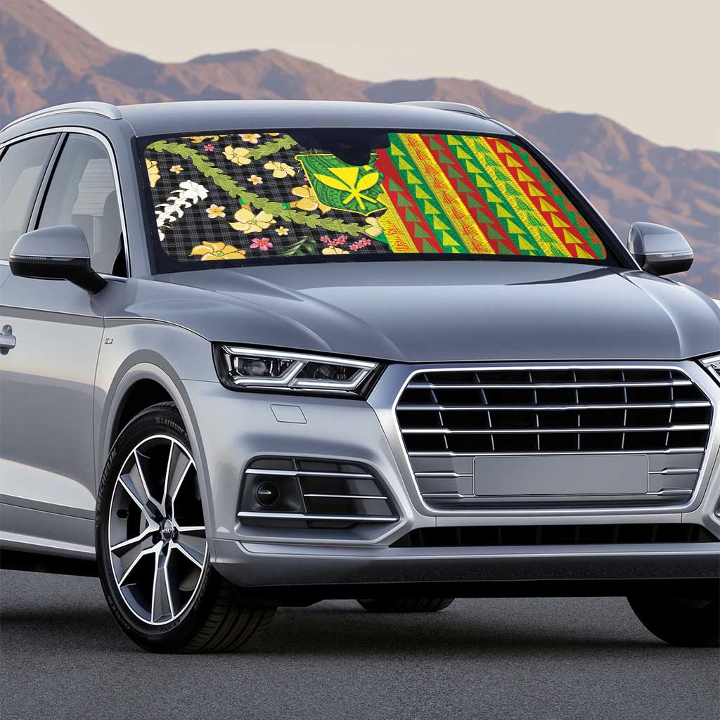 Hawaiian Tropical Plants Lei Auto Sun Shade Kanaka Maoli Tribal with Palaka Motifs - Polynesian Pride