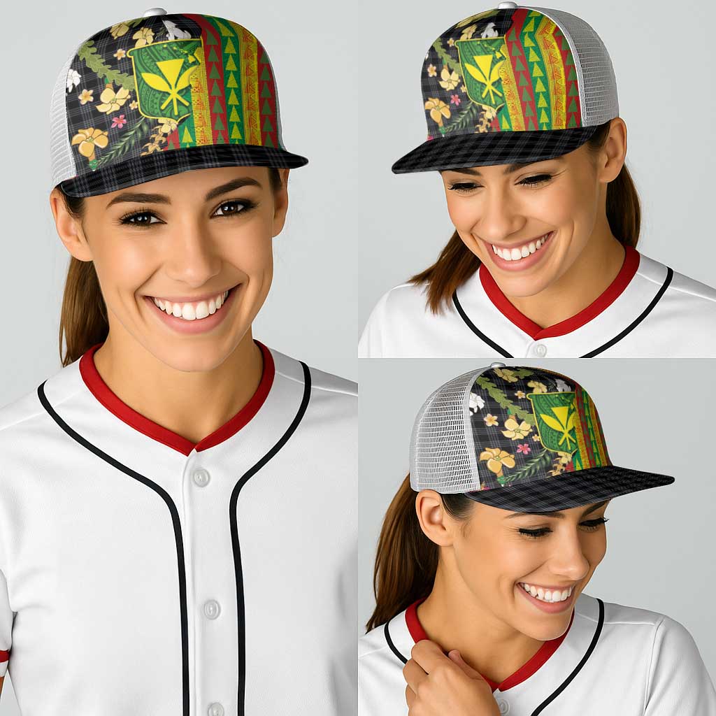 Hawaiian Tropical Plants Lei Baseball Net Cap Kanaka Maoli Tribal with Palaka Motifs - Polynesian Pride
