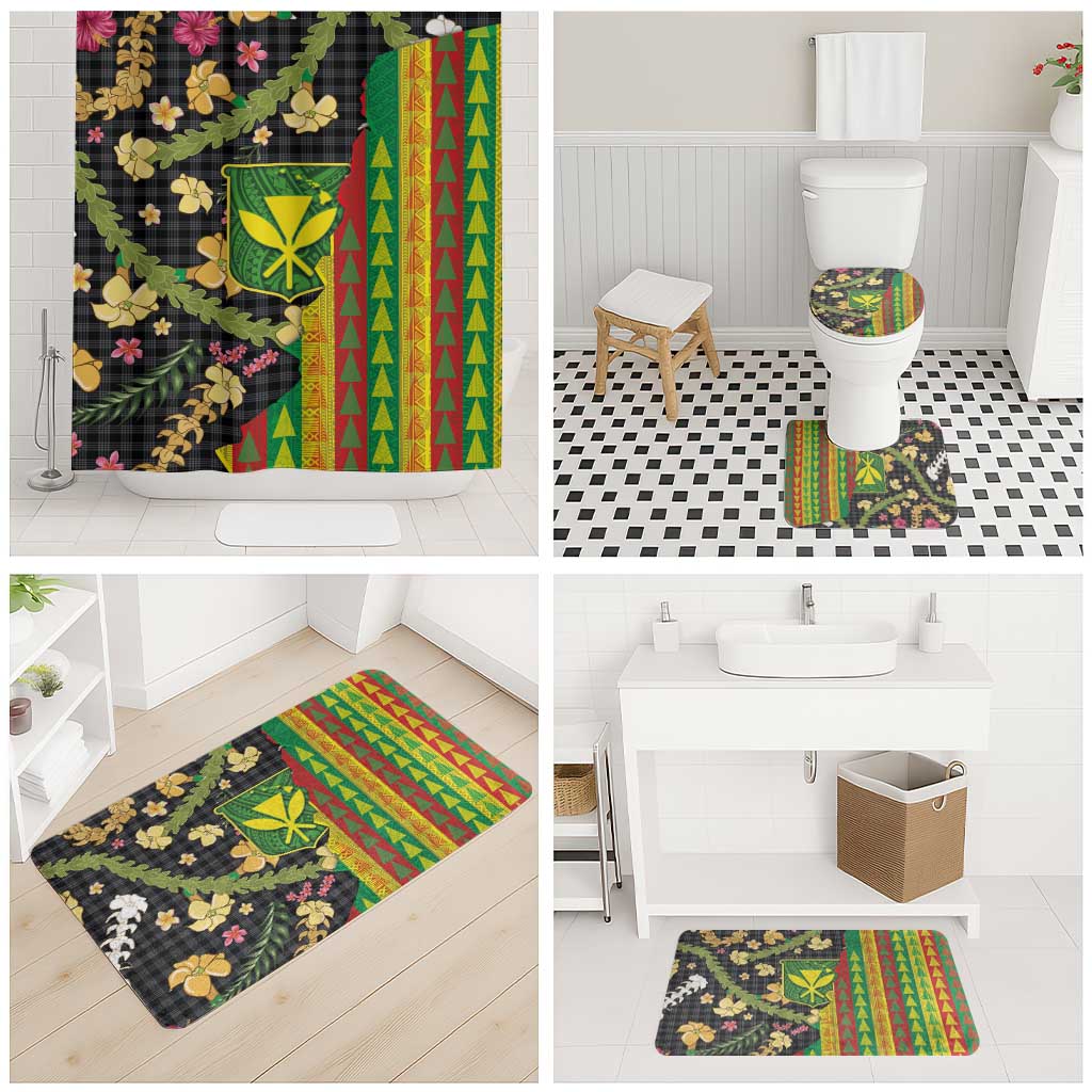 Hawaiian Tropical Plants Lei Bathroom Set Kanaka Maoli Tribal with Palaka Motifs - Polynesian Pride