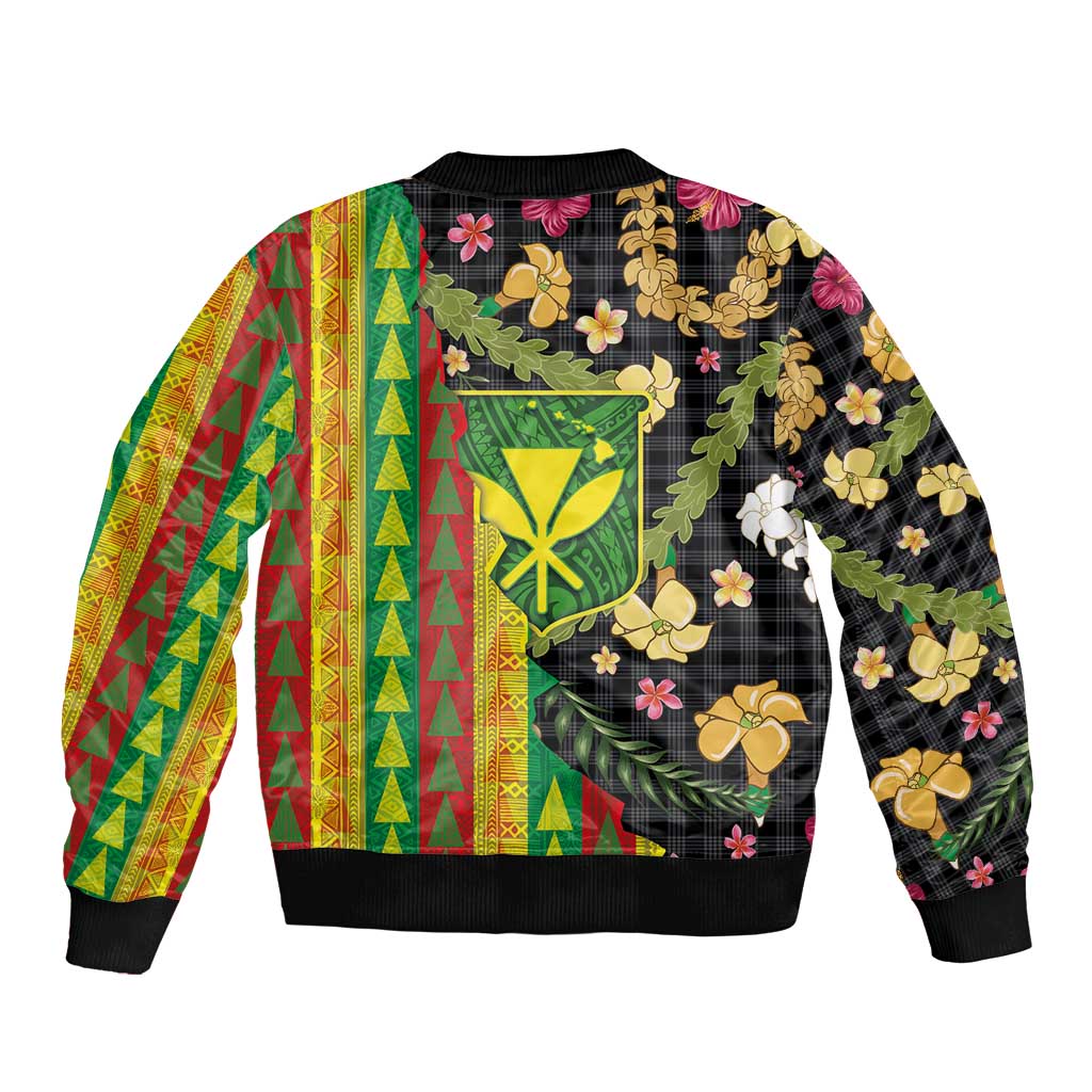 Hawaiian Tropical Plants Lei Bomber Jacket Kanaka Maoli Tribal with Palaka Motifs LT03 - Polynesian Pride