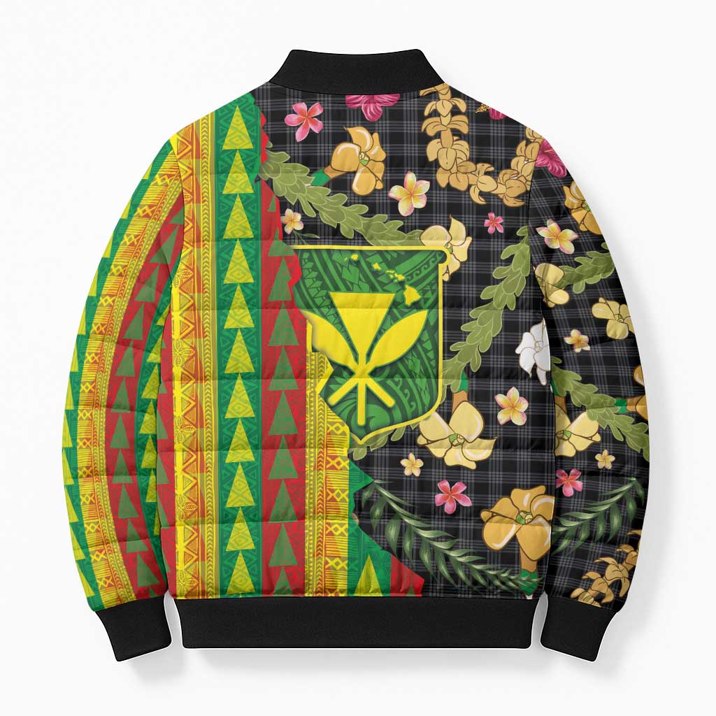 Hawaiian Tropical Plants Lei Bomber Puffer Jacket Kanaka Maoli Tribal with Palaka Motifs - Polynesian Pride