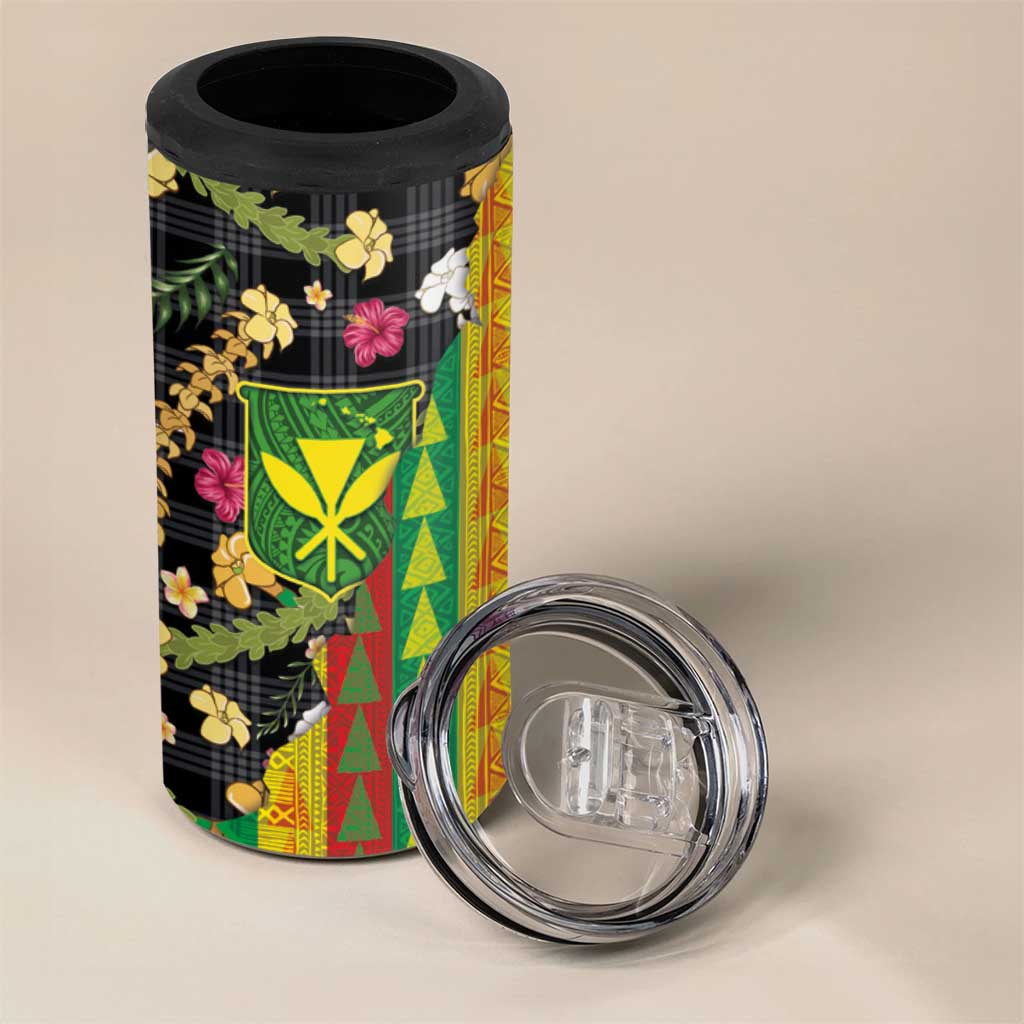 Hawaiian Tropical Plants Lei 4 in 1 Can Cooler Tumbler Kanaka Maoli Tribal with Palaka Motifs - Polynesian Pride