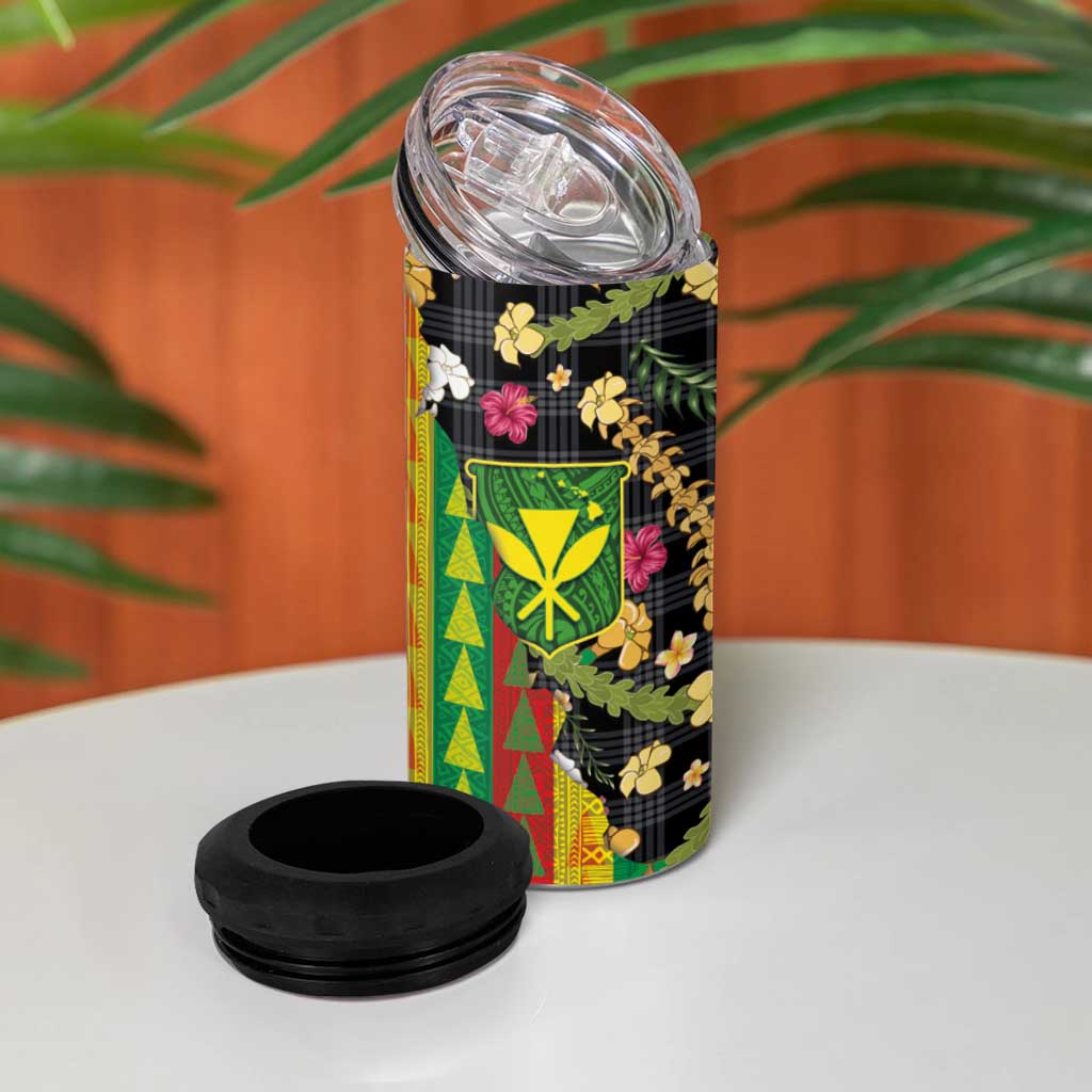 Hawaiian Tropical Plants Lei 4 in 1 Can Cooler Tumbler Kanaka Maoli Tribal with Palaka Motifs - Polynesian Pride